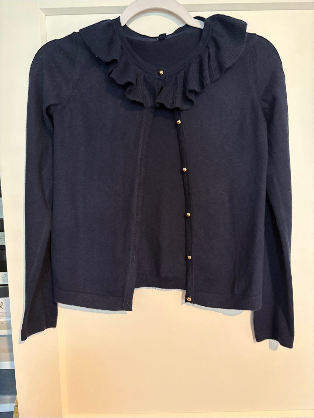 Janie and Jack Navy Ruffle Collar Cardigan with Gold Buttons